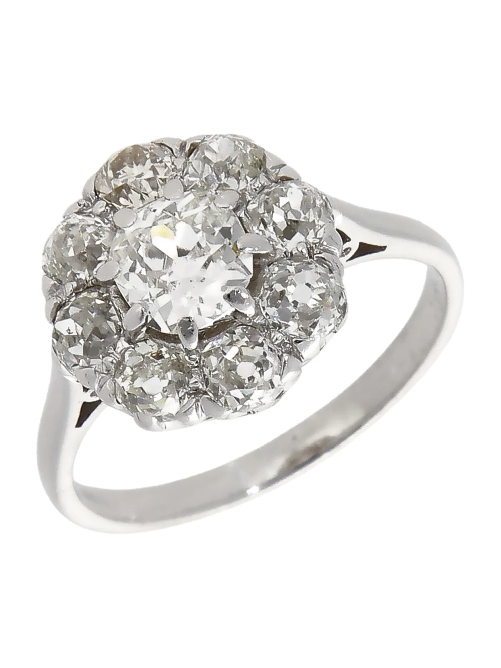 William May 14ct White Gold 1.65ct Old Cut Diamond Cluster Ring, view 2