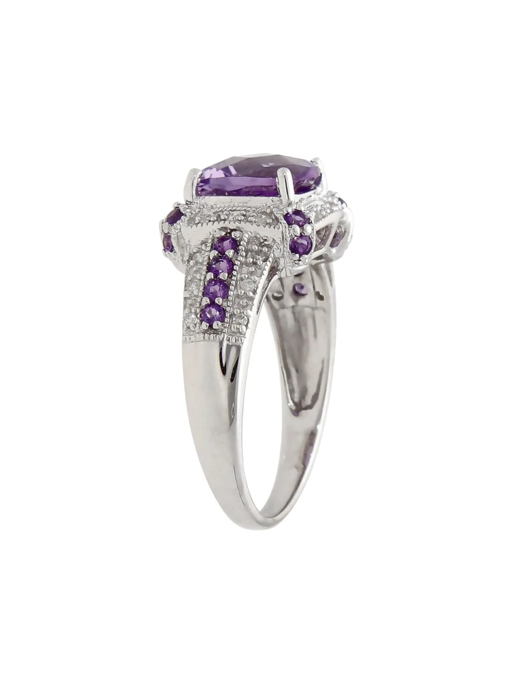 William May 14ct White Gold Amethyst & Diamond Cluster Ring, view 2