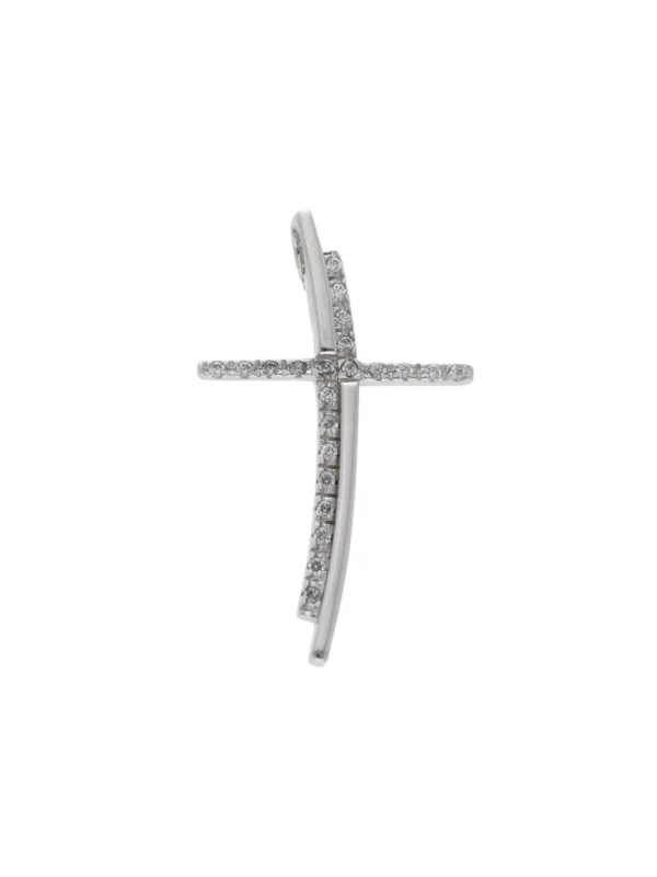 William May 14ct White Gold Cubic Zirconia Curved Cross Pendant