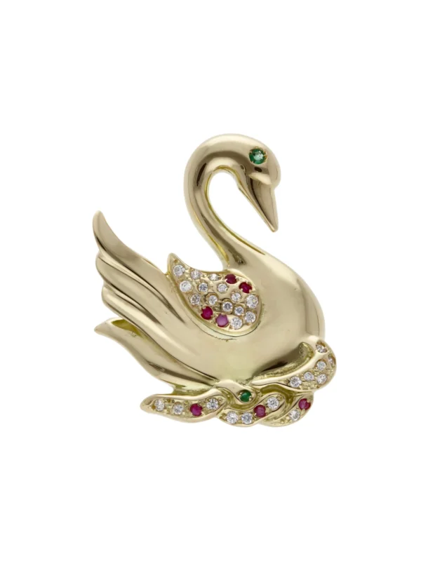 William May 14ct Yellow Gold Gemstone Set Swan Pendant