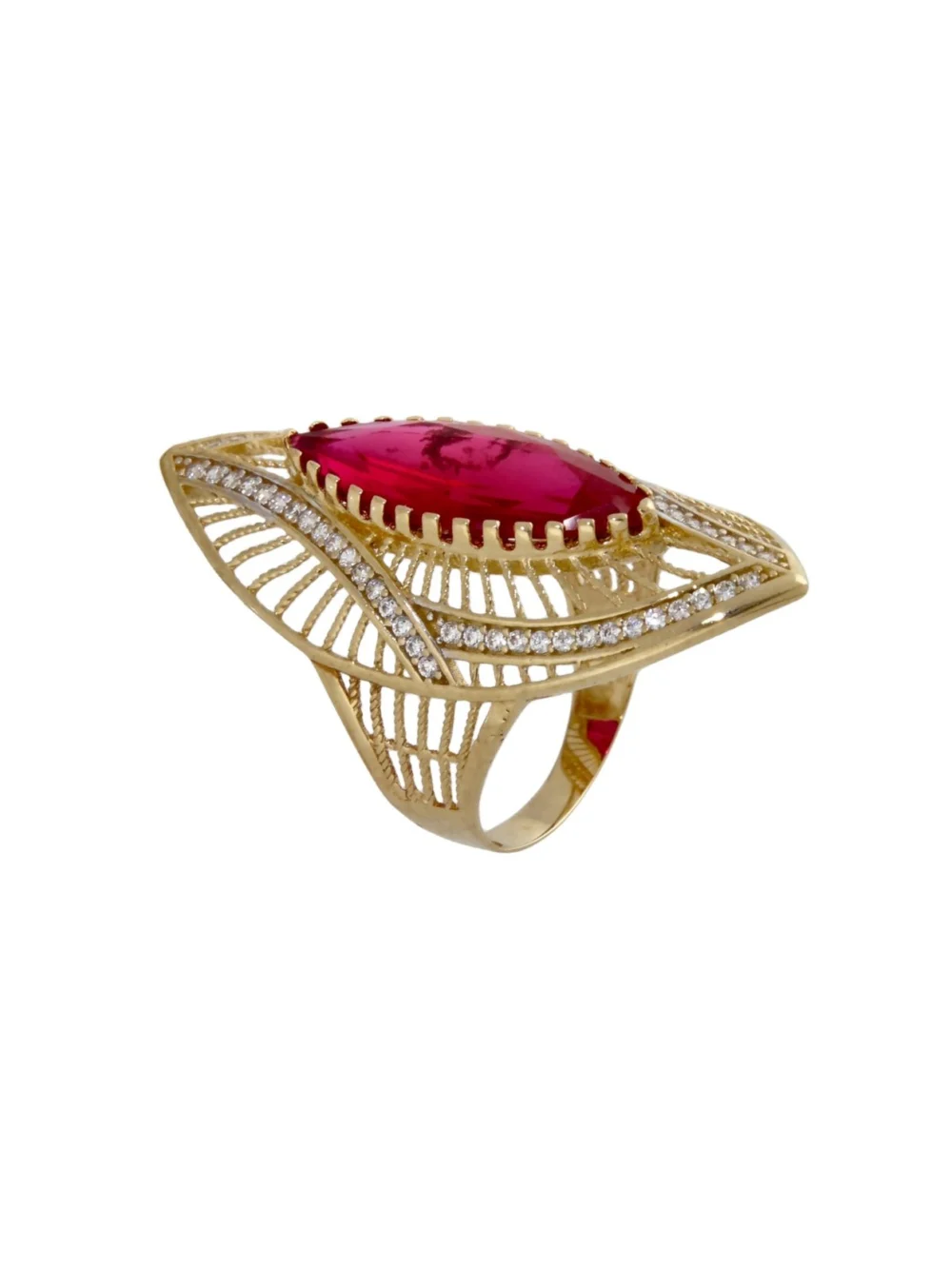 William May 14ct Yellow Gold Red & White Gemstone Wave Dress Ring, view 2