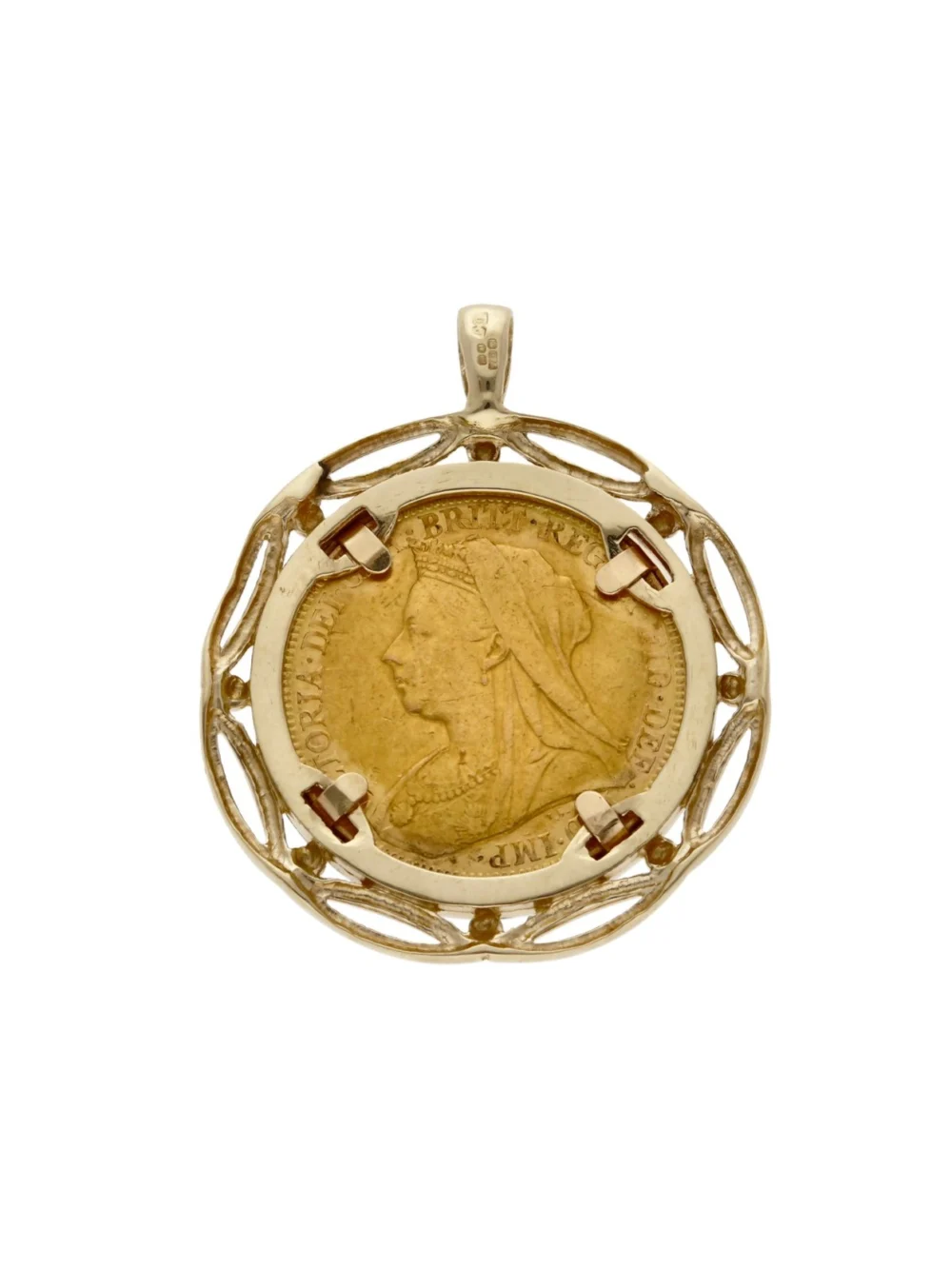 William May 1898 Full Sovereign Coin in 9ct Gold Pendant Mount, view 2