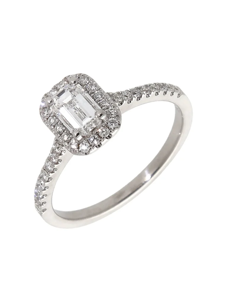William May 18ct White Gold Gia Emerald Cut Diamond Halo Ring