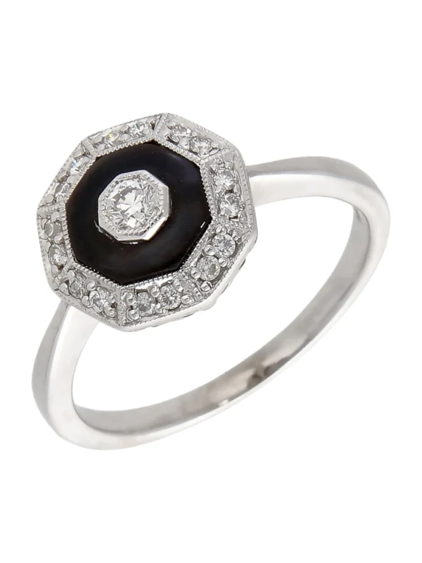 William May 18ct White Gold Onyx & Diamond Halo Cluster Ring