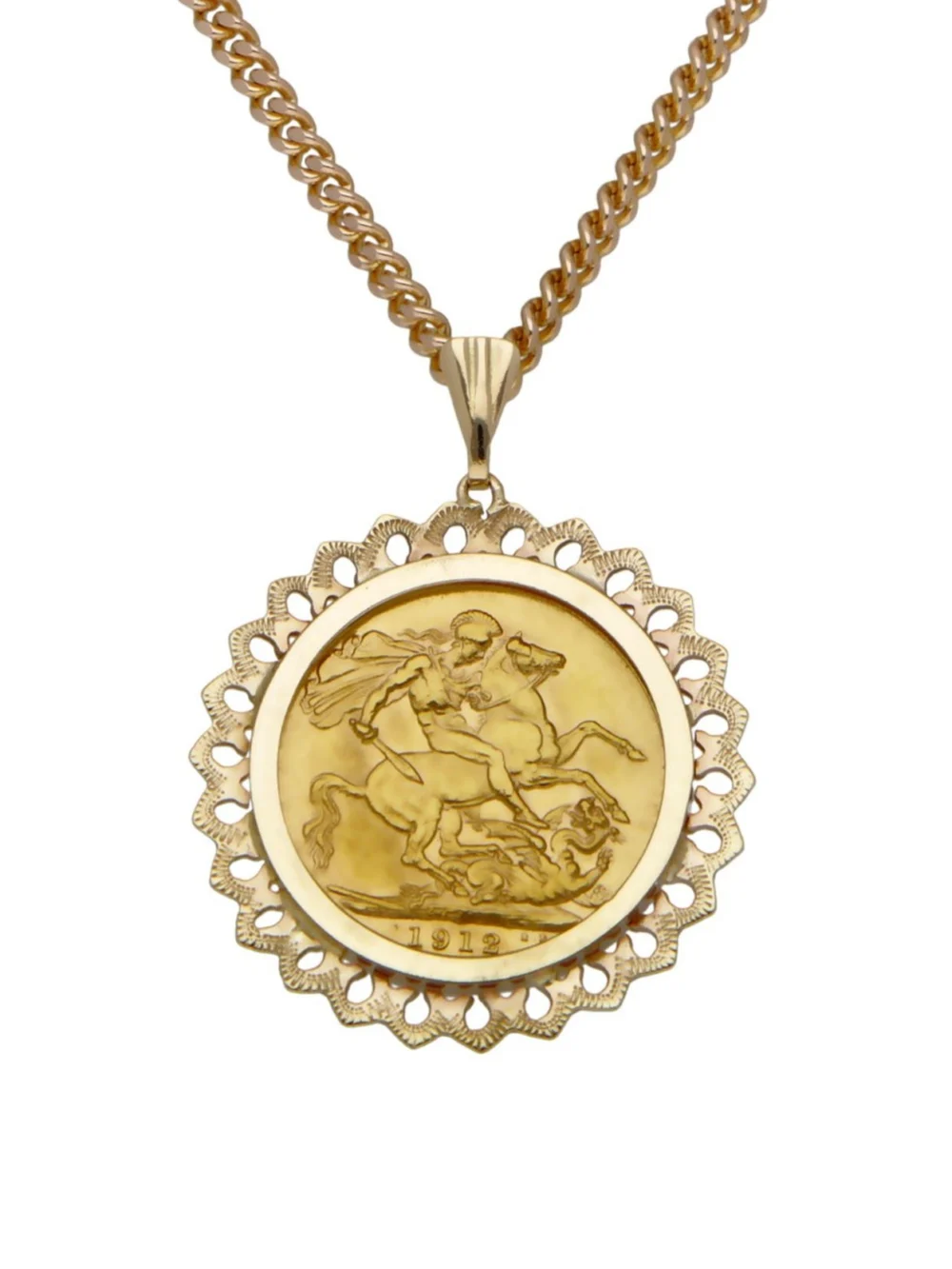 William May 1912 Full Sovereign Coin in 9ct Gold Necklace Mount, view 6