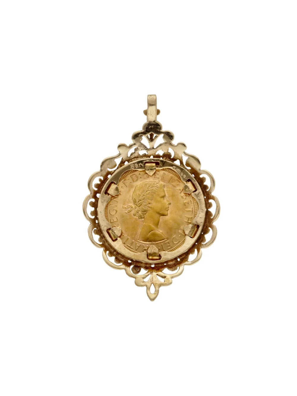 William May 1963 Full Sovereign Coin in 9ct Gold Pendant Mount, view 2
