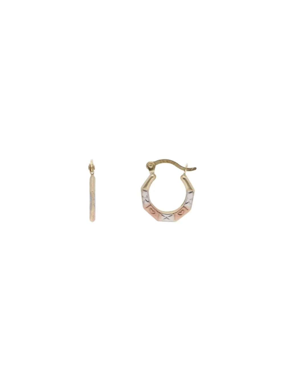 William May 9ct 3 Colour Gold Heart & Kisses Small Creole Hoop Earrings