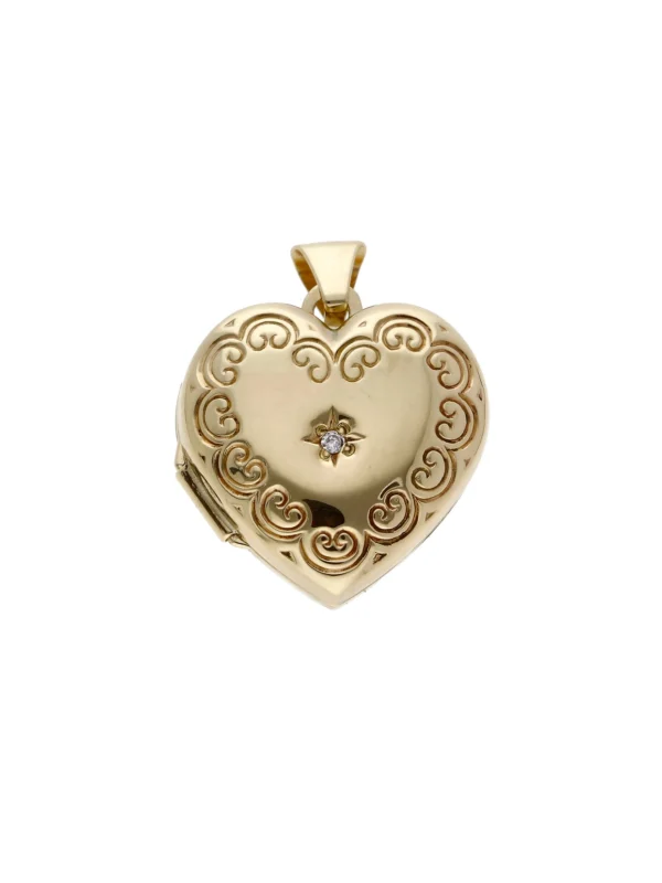 William May 9ct Diamond Set Part Patterned Heart Locket Pendant