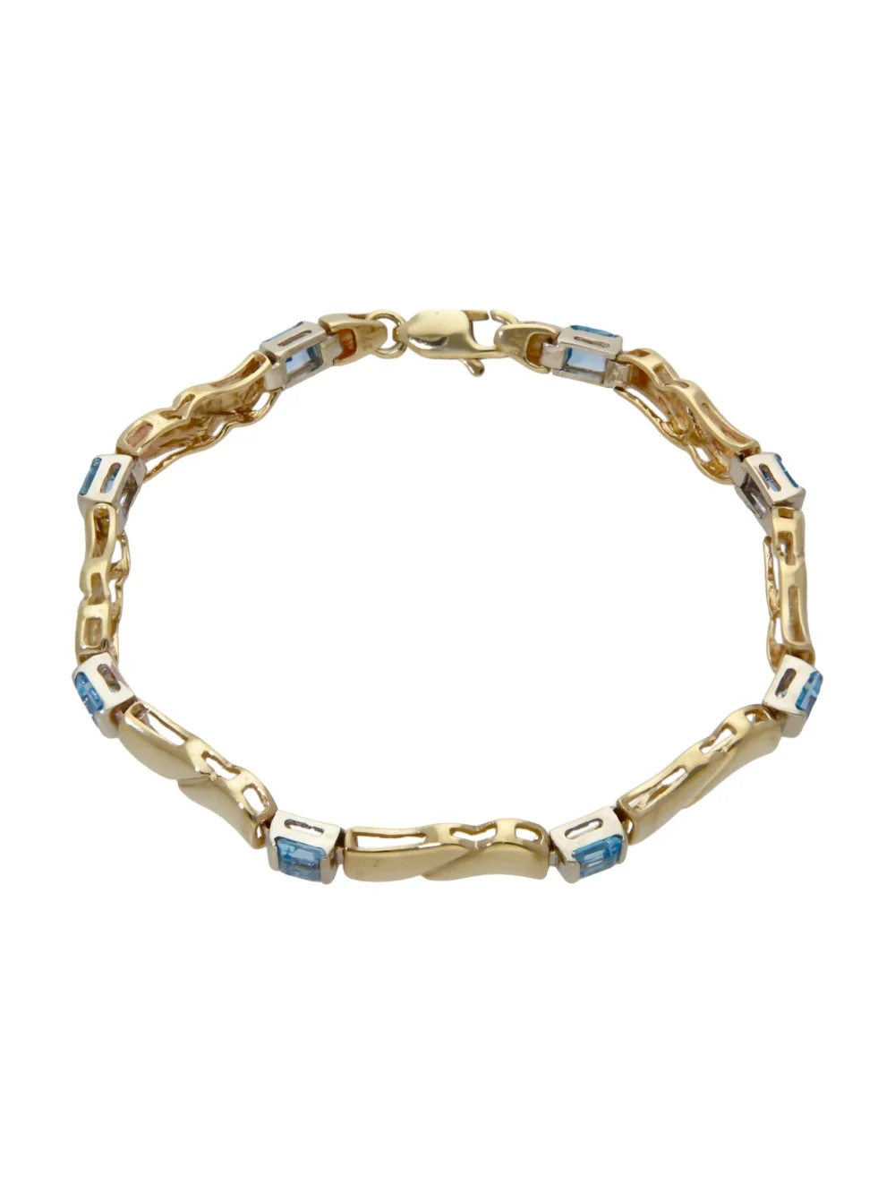William May 9ct Gold 7" Blue Topaz Set Wave Bar Link Bracelet