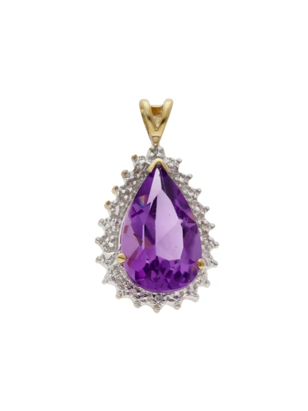 William May 9ct Gold Amethyst & Diamond Pear Cluster Pendant
