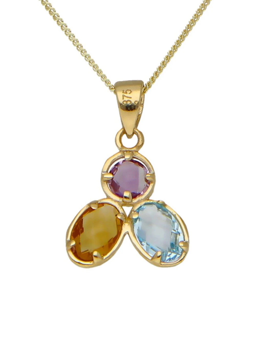 William May 9ct Gold Amethyst Citrine & Topaz Trilogy Pendant Necklace, view 2