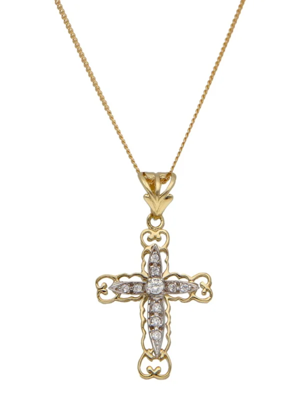 William May 9ct Gold Cubic Zirconia Filigree Cross & 18" Necklace