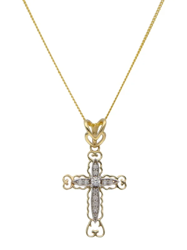 William May 9ct Gold Cubic Zirconia Filigree Cross & 18" Necklace