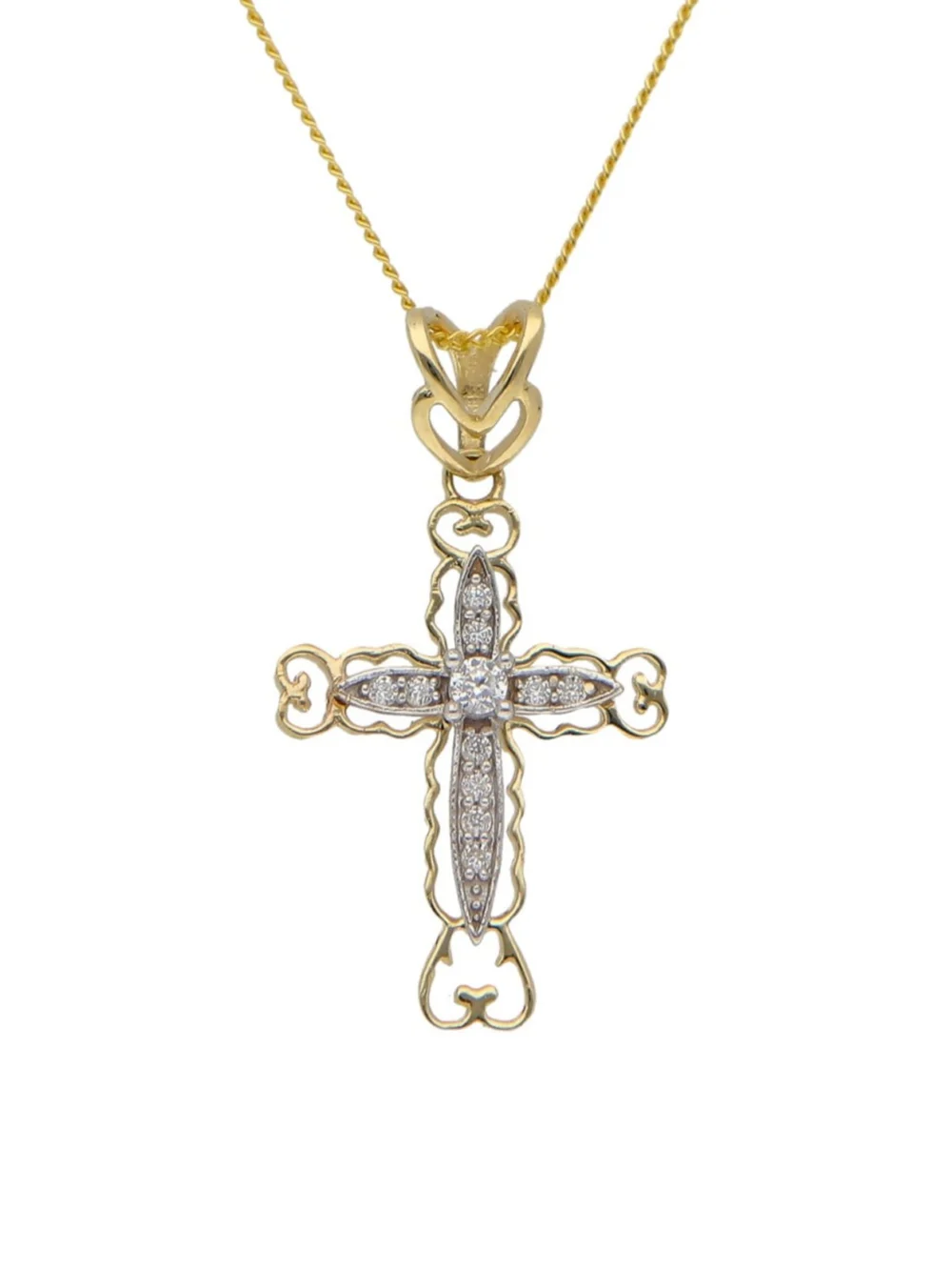 William May 9ct Gold Cubic Zirconia Filigree Cross & 18" Necklace, view 2