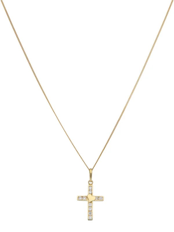 William May 9ct Gold Cubic Zirconia Heart Cross Pendant & 18" Necklace
