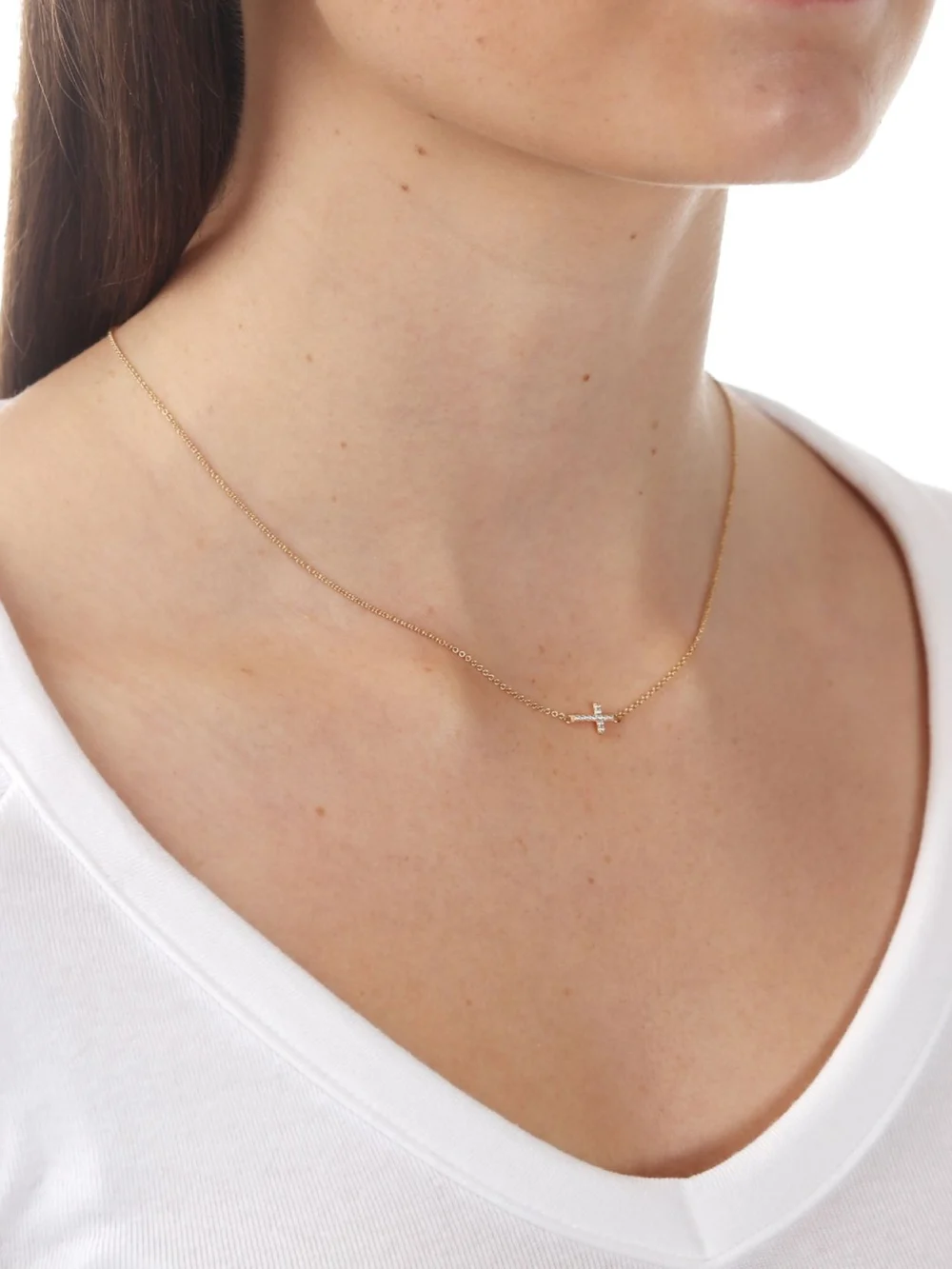William May 9ct Gold Cubic Zirconia Sideways Resurrection Cross Necklace, view 2