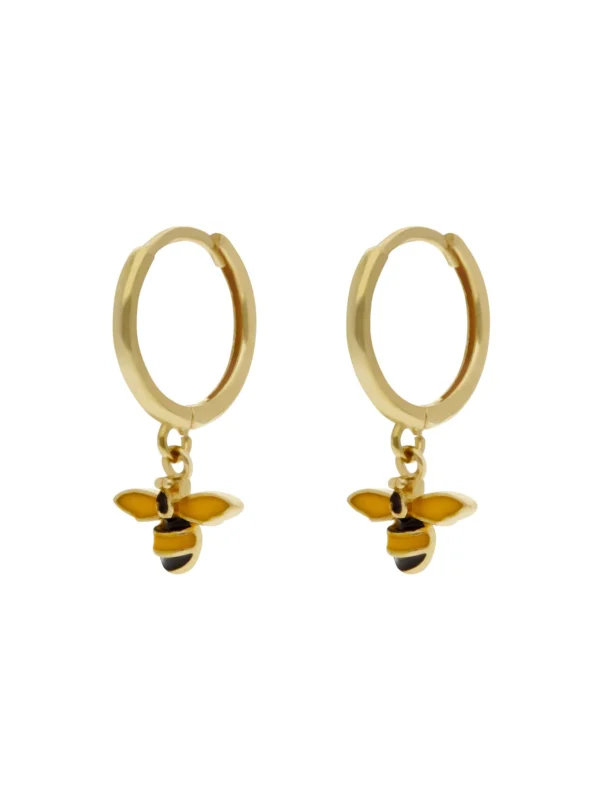 William May 9ct Gold Manchester Bee Charm Drop Huggie Hoop Earrings