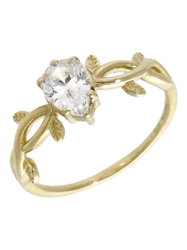 William May 9ct Gold Pear Cubic Zirconia Solitaire Vine Shoulders Ring
