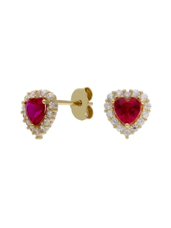 William May 9ct Gold Red & White Cubic Zirconia Heart Stud Earrings