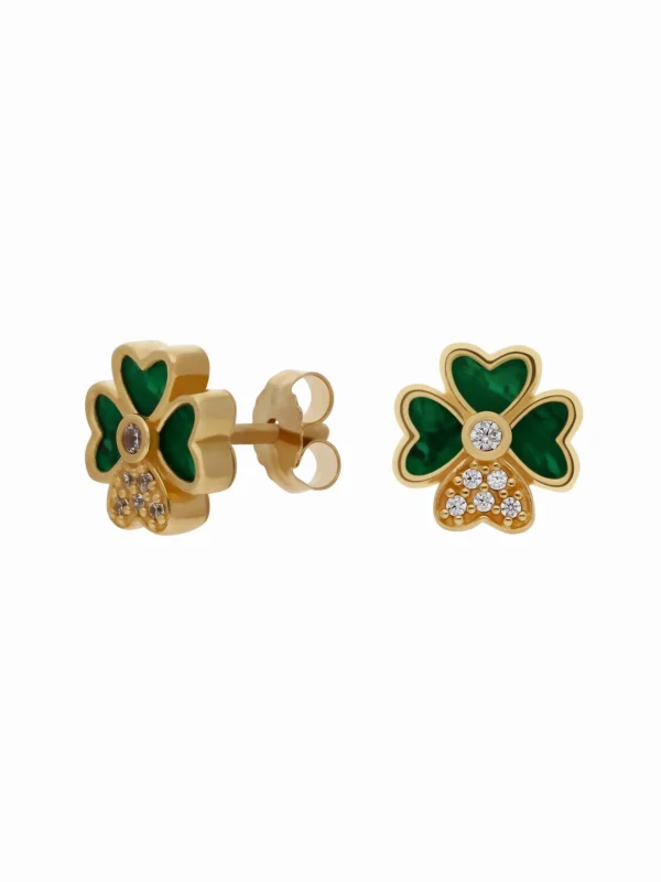 William May 9ct Gold Synthetic Malachite Shamrock Clover Stud Earrings