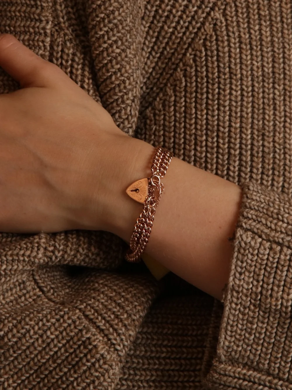 William May 9ct Rose Gold Double Row Curb Link Padlock Bracelet, view 2