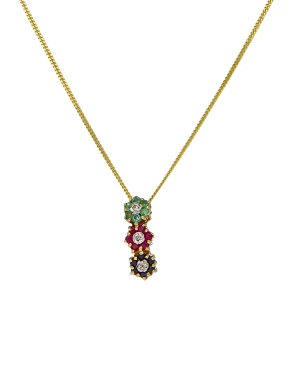 William May 9ct Ruby Sapphire Emerald & Diamond Clusters Necklace