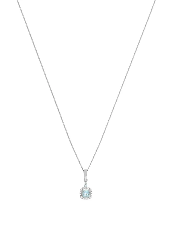 William May 9ct White Gold Aquamarine & Diamond Halo & 18" Necklace