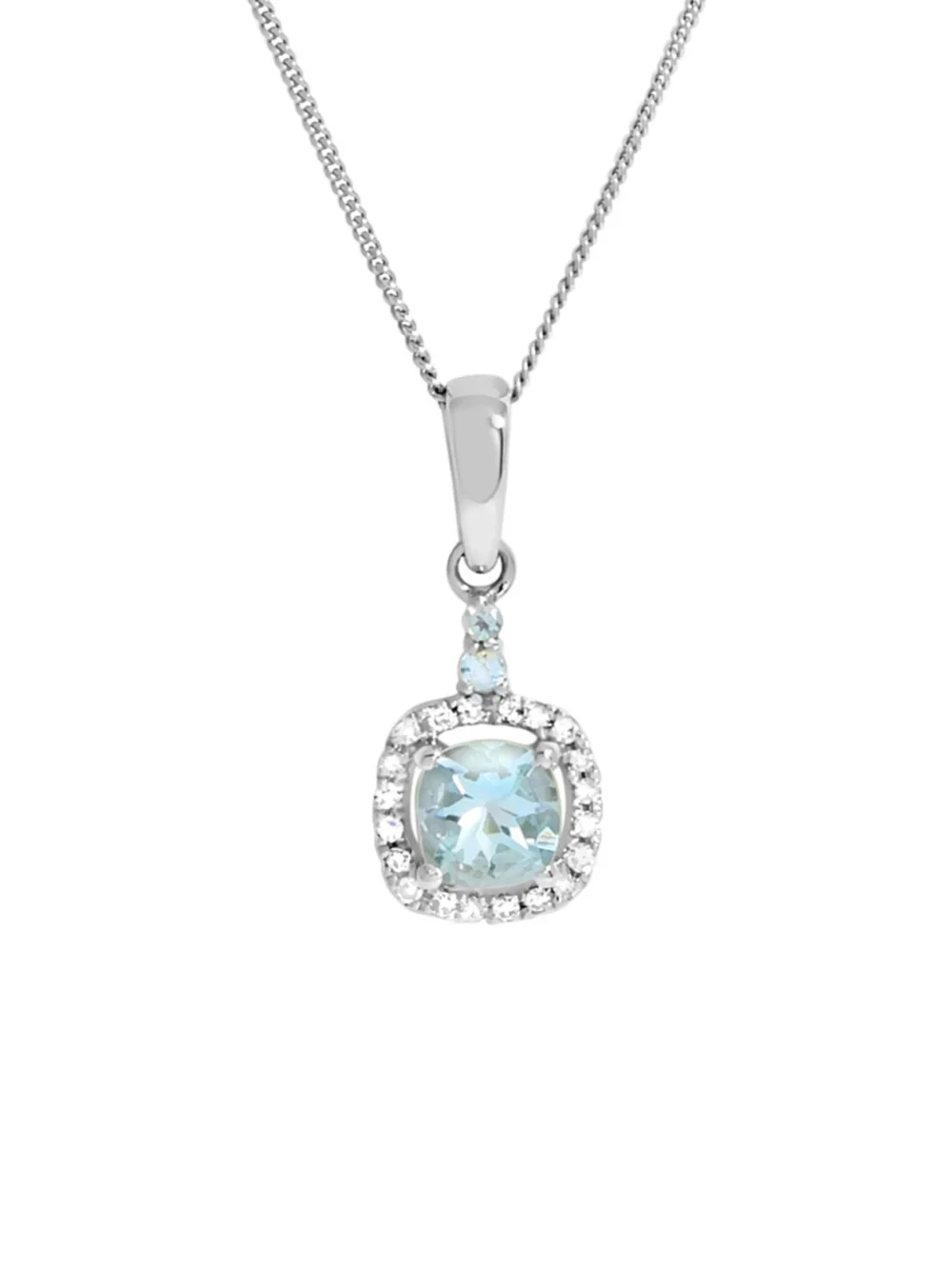 William May 9ct White Gold Aquamarine & Diamond Halo & 18" Necklace, view 2