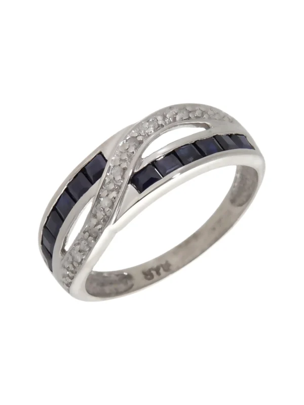 William May 9ct White Gold Sapphire & Diamond Crossover Wave Ring
