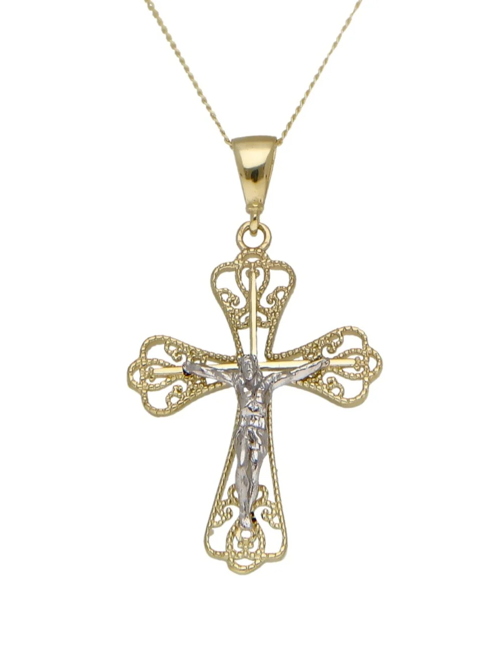 William May 9ct Yellow & White Gold Filigree Crucifix Pendant Necklace