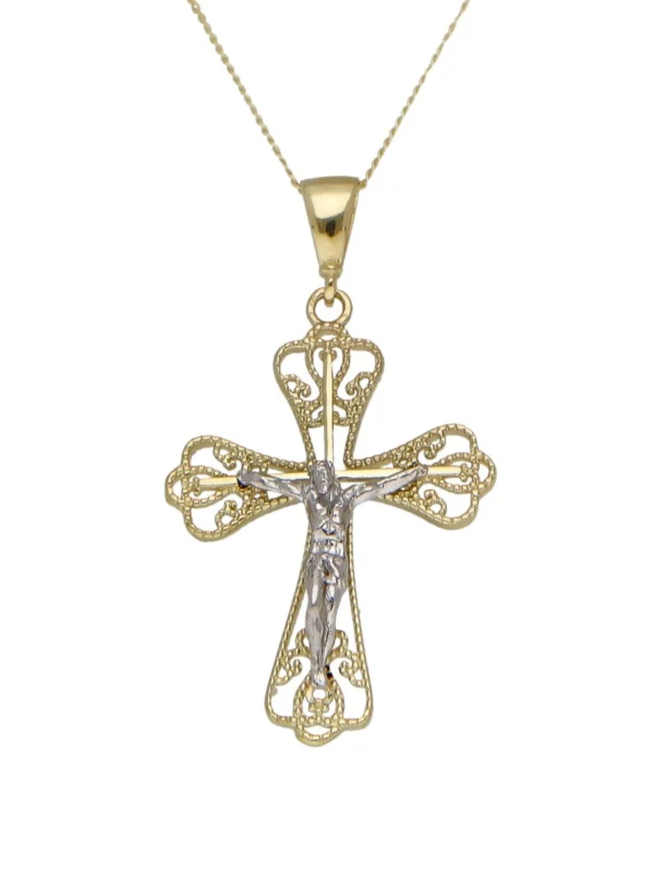 William May 9ct Yellow & White Gold Filigree Crucifix Pendant Necklace