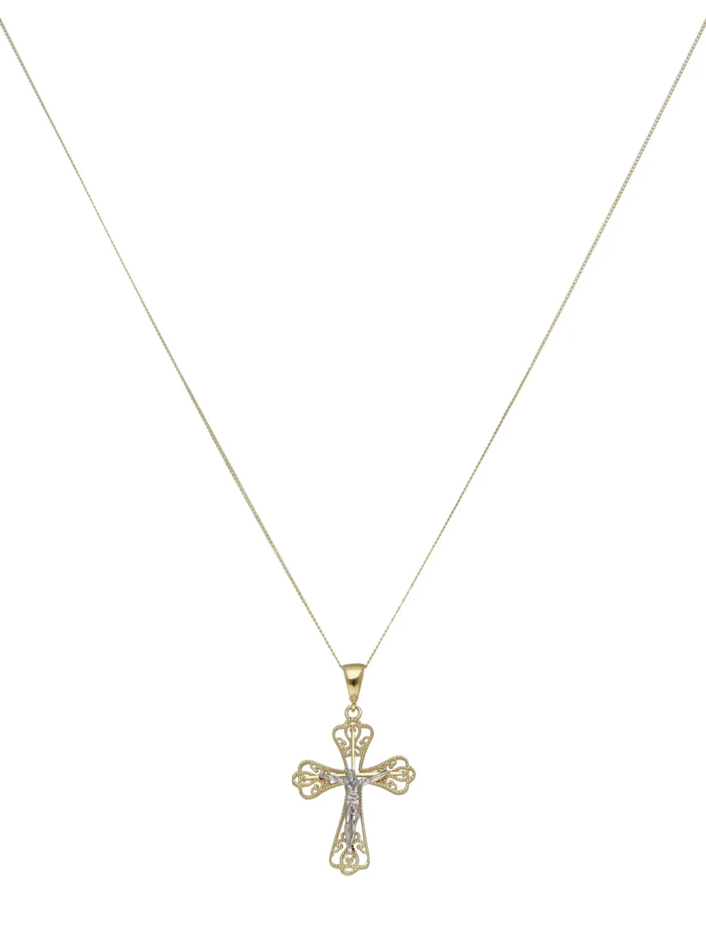 William May 9ct Yellow & White Gold Filigree Crucifix Pendant Necklace, view 2