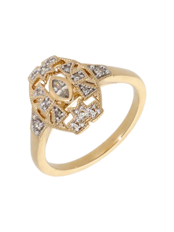 William May 9ct Yellow Gold 0.20ct Diamond Art Deco Vintage Style Ring