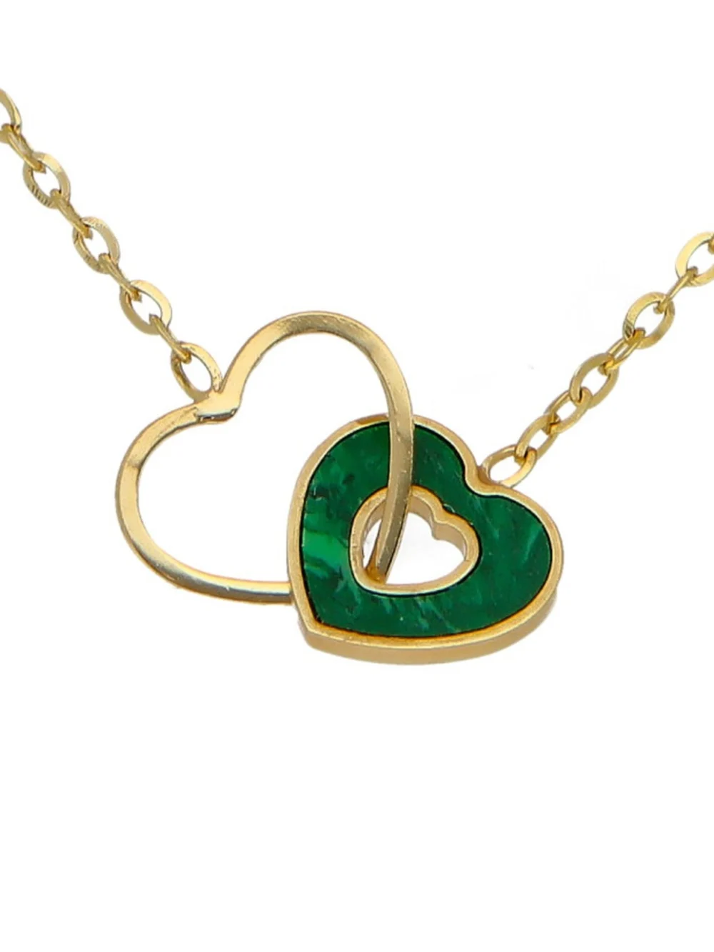 William May 9ct Yellow Gold 16" Malachite Entwined Hearts Necklace, view 2