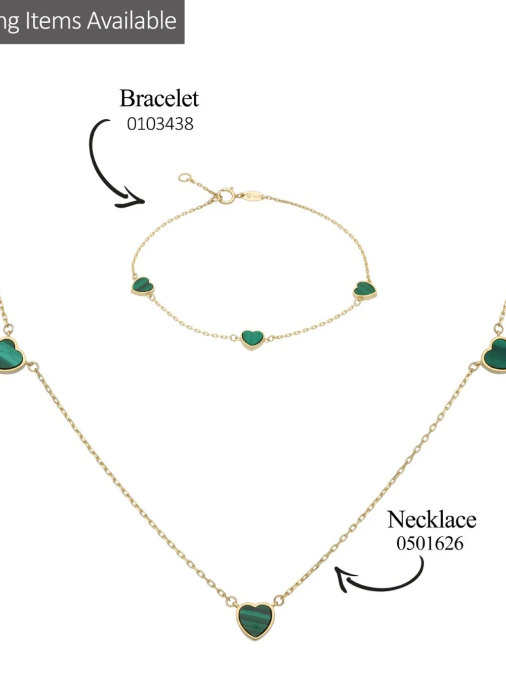 William May 9ct Yellow Gold 3 Malachite Heart 7.5" Bracelet, view 2