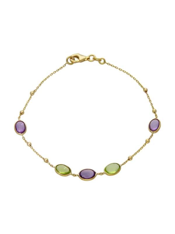 William May 9ct Yellow Gold 7.5" Amethyst & Peridot Set Beaded Bracelet