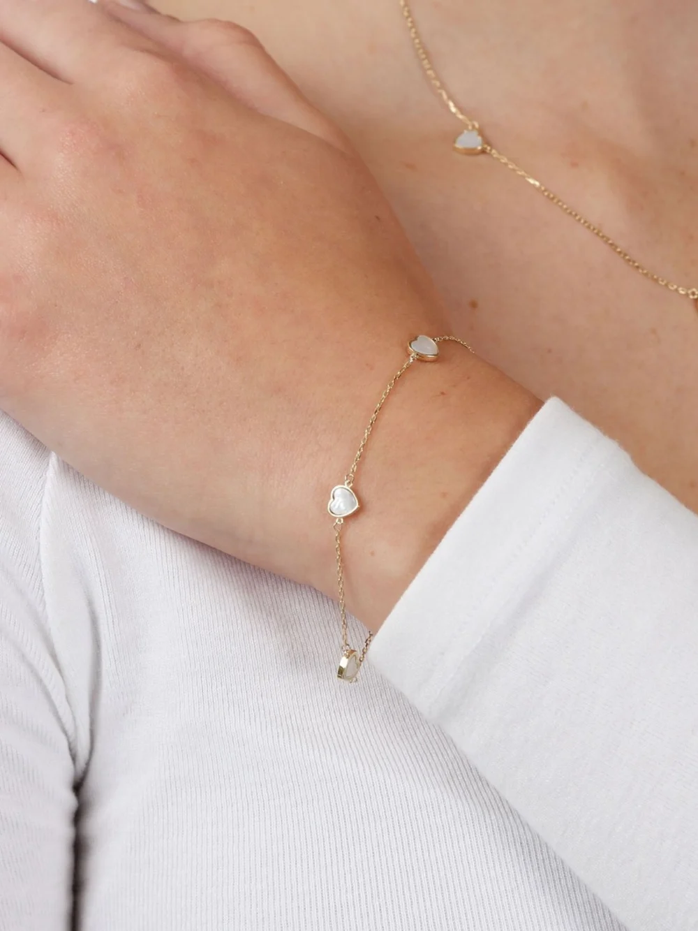 William May 9ct Yellow Gold 7.5" Mother of Pearl Triple Heart Bracelet, view 2