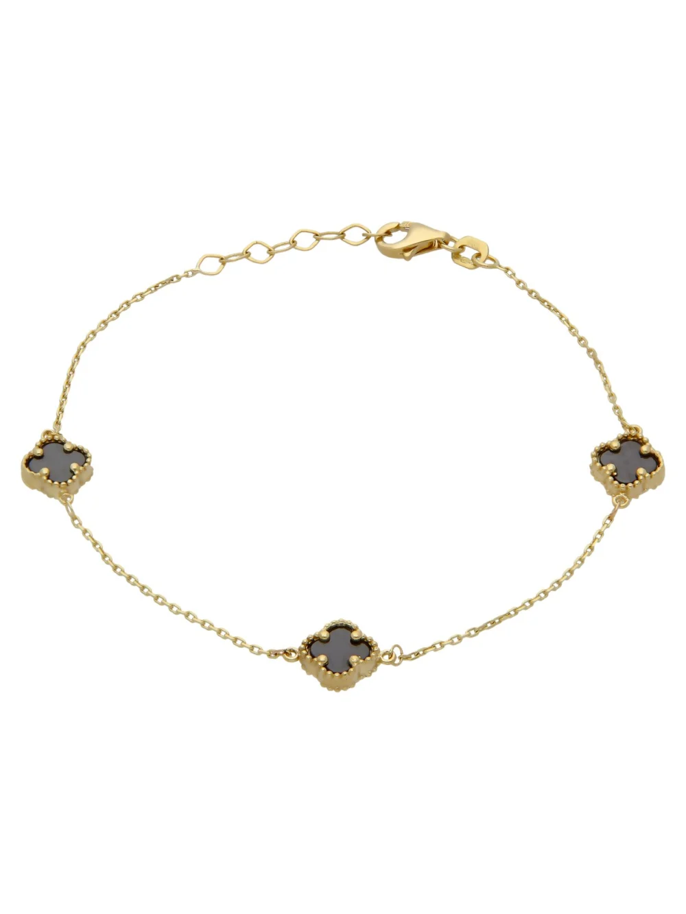 William May 9ct Yellow Gold 7.5" Onyx 3 Clover Petal Bracelet