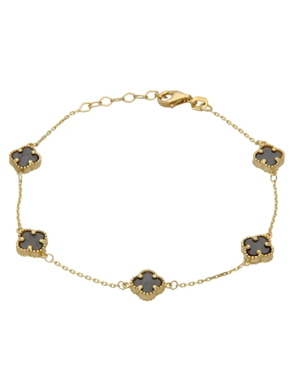 William May 9ct Yellow Gold 7.5" Onyx 5 Clover Petal Bracelet