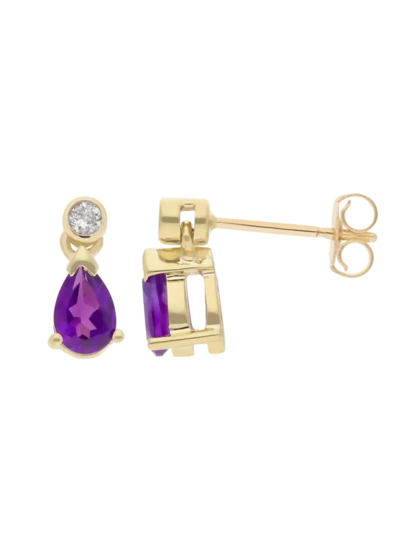 William May 9ct Yellow Gold Amethyst & Diamond Drop Earrings