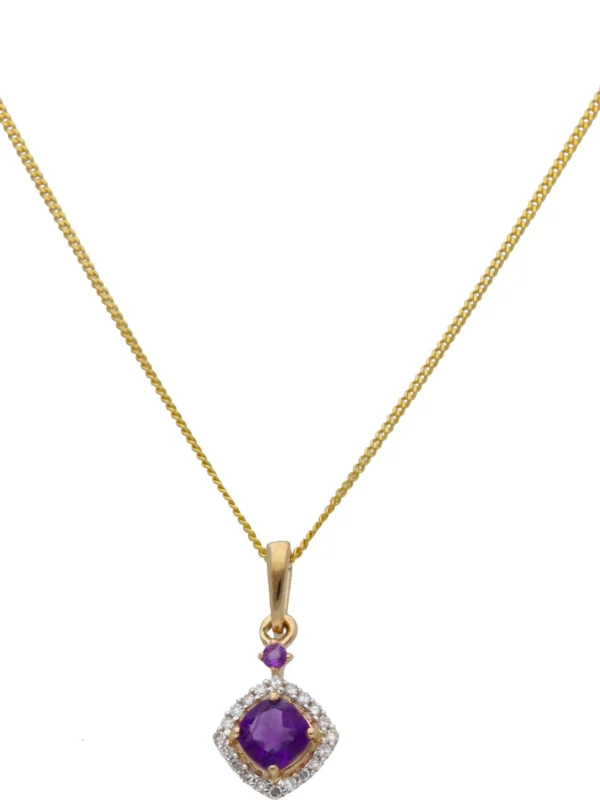 William May 9ct Yellow Gold Amethyst & Diamond Pendant & 18" Necklace