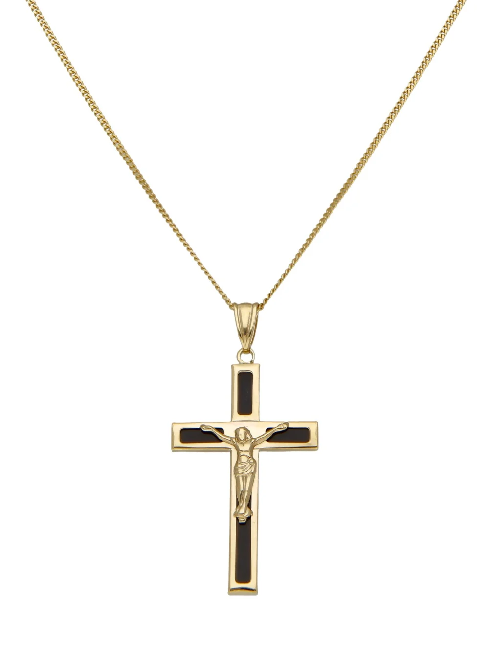 William May 9ct Yellow Gold & Black Enamel Crucifix & 22" Chain Necklace