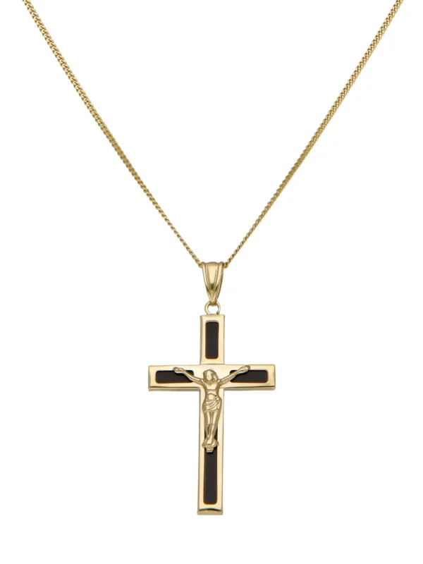 William May 9ct Yellow Gold & Black Enamel Crucifix & 22" Chain Necklace