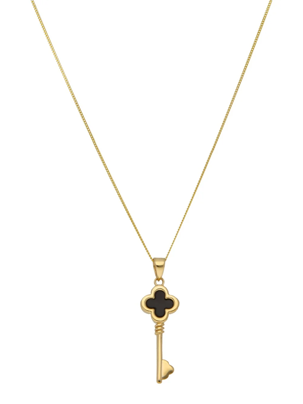 William May 9ct Yellow Gold Black Onyz Clover Key & 18" Chain Neclace