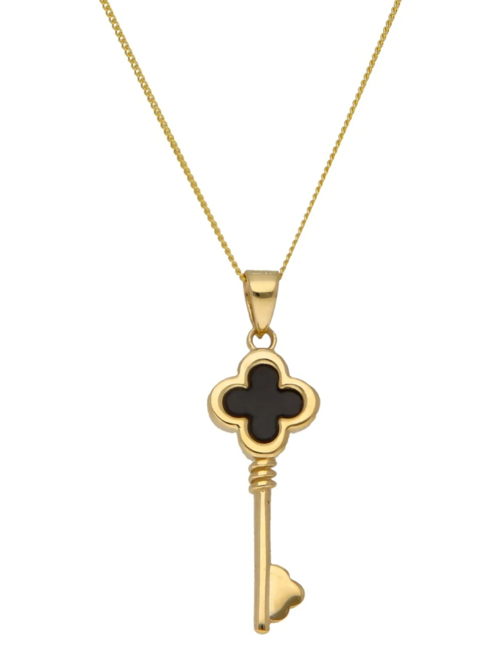William May 9ct Yellow Gold Black Onyz Clover Key & 18" Chain Neclace, view 2