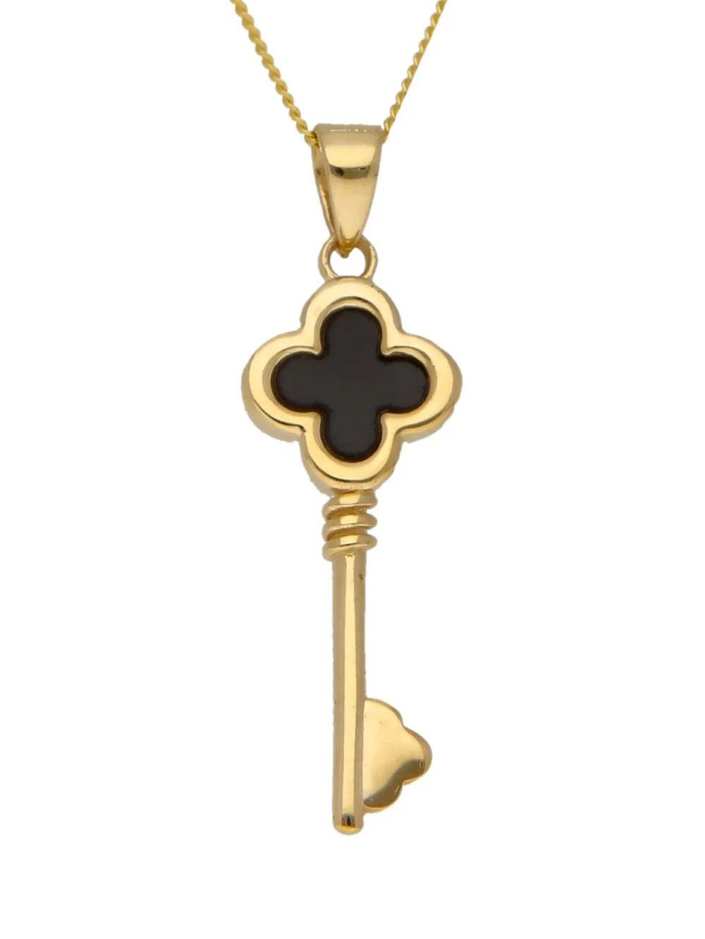 William May 9ct Yellow Gold Black Onyz Clover Key & 18" Chain Neclace, view 3