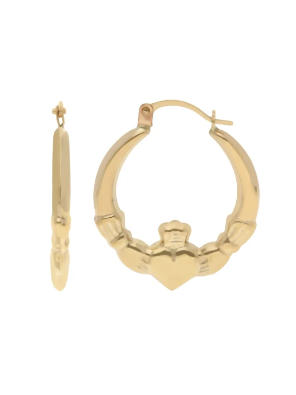 William May 9ct Yellow Gold Claddagh Design Creole Hoop Earrings