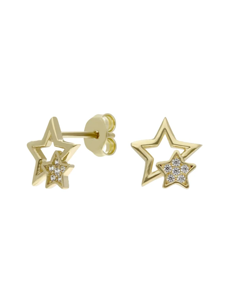 William May 9ct Yellow Gold Cubic Zirconia Set Double Star Stud Earrings