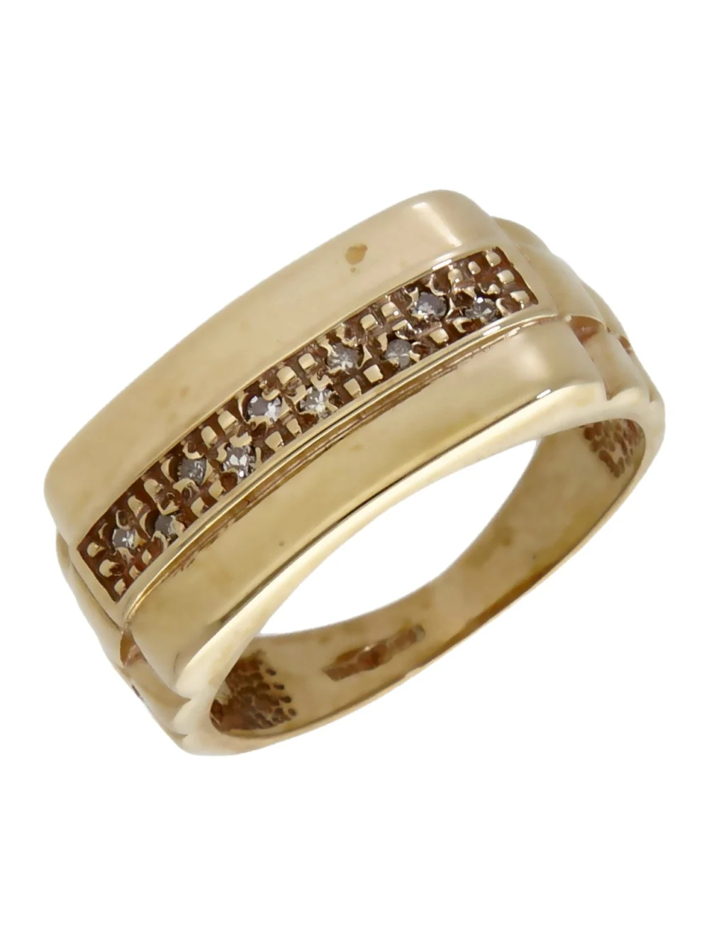 William May 9ct Yellow Gold Diamond Set Lined Centre Signet Ring
