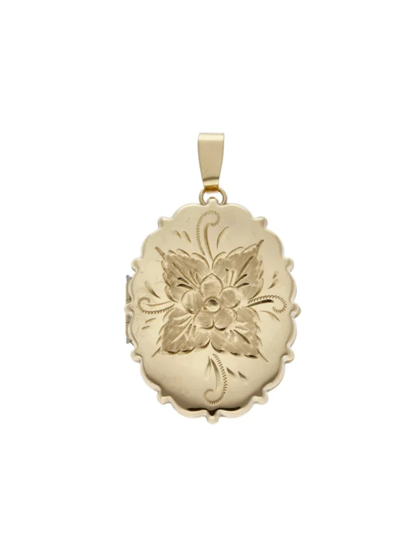 William May 9ct Yellow Gold Floral Engraved Oval Locket Pendant